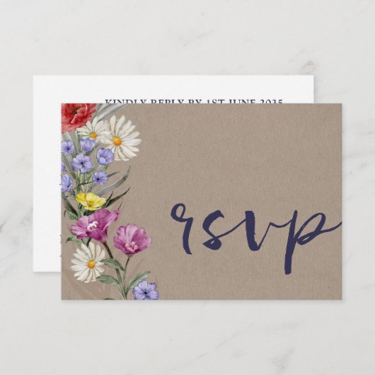 Whimsical Watercolor Wild Blume Kraft Wedding RSVP Karte (Vorne/Hinten)