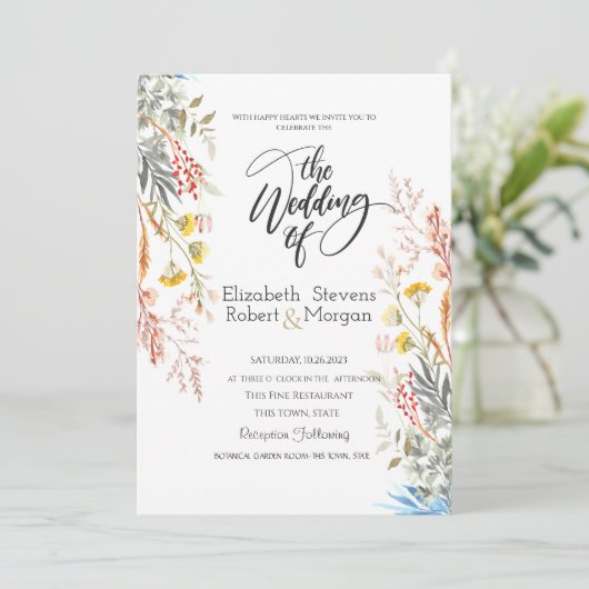 Whimsical Watercolor Wildblume Hochzeit Einladung (Stehend Vorderseite)