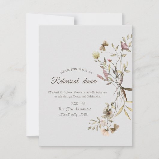 Whimsical Watercolor Wildblume Probe Abendessen Einladung (Vorderseite)