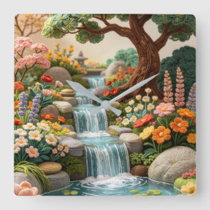 Whimsical Waterfall-Garten – Stickerei-Stil  Quadratische Wanduhr