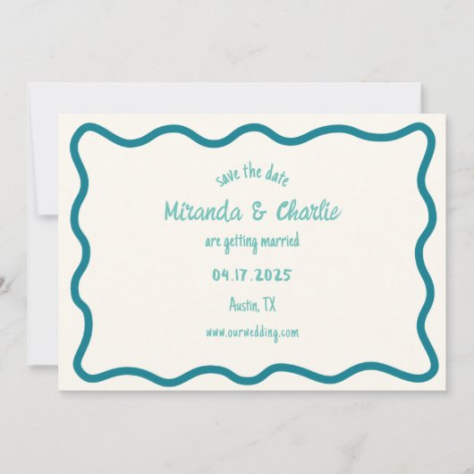 Whimsical Wavy Border Handgeschriebene Retro Blue Save The Date (Vorderseite)