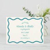Whimsical Wavy Border Handgeschriebene Retro Blue Save The Date (Stehend Vorderseite)