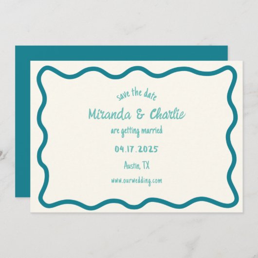 Whimsical Wavy Border Handgeschriebene Retro Blue Save The Date (Vorne/Hinten)