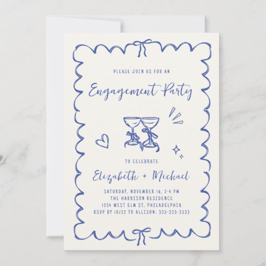 Whimsical Wavy Frame Blue Photo Engagement Party Einladung (Vorderseite)