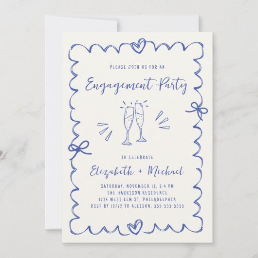 Whimsical Wavy Frame Blue Photo Engagement Party Einladung (Vorderseite)