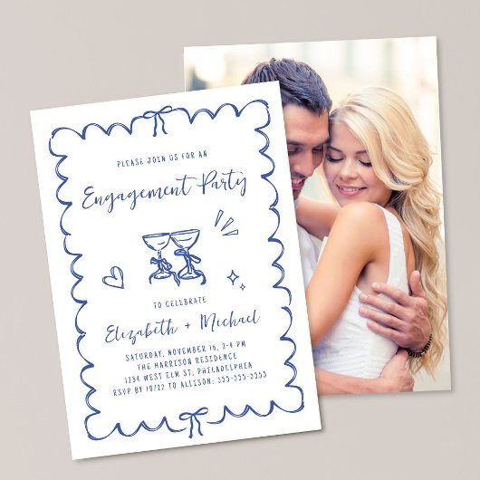Whimsical Wavy Frame Blue Photo Engagement Party Einladung