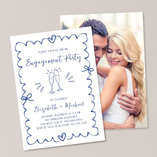 Whimsical Wavy Frame Blue Photo Engagement Party Einladung
