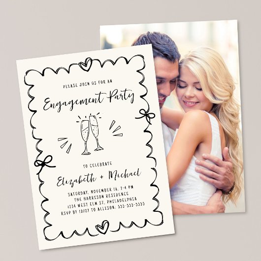 Whimsical Wavy Frame Cream Photo Engagement Party Einladung