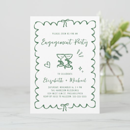 Whimsical Wavy Frame Photo Green Engagement Party Einladung (Stehend Vorderseite)