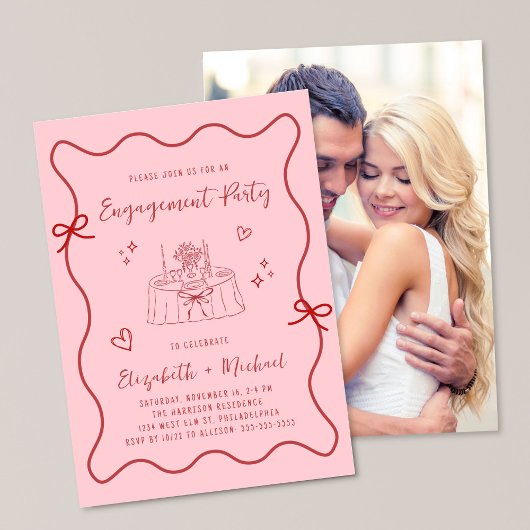 Whimsical Wavy Frame Pink Photo Engagement Party Einladung