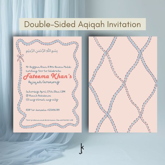 Whimsical wavy of Blush Pink and Soft Blue Aqiqah Einladung