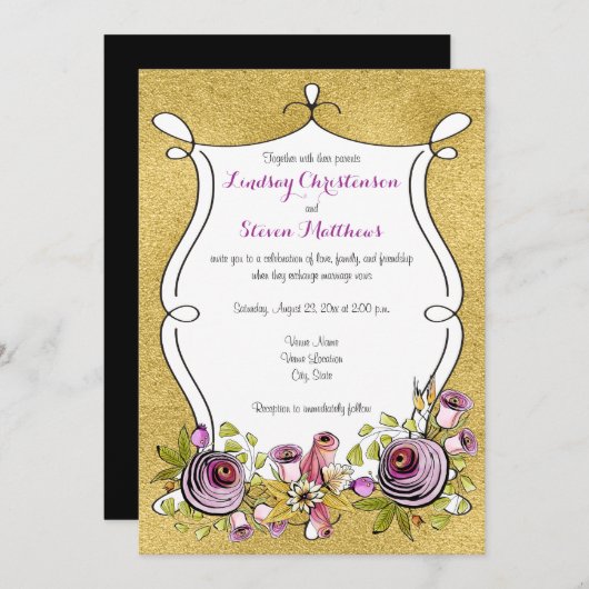 Whimsical Wedding Invite | IMITATE Goldfolie, Blum Einladung (Vorne/Hinten)