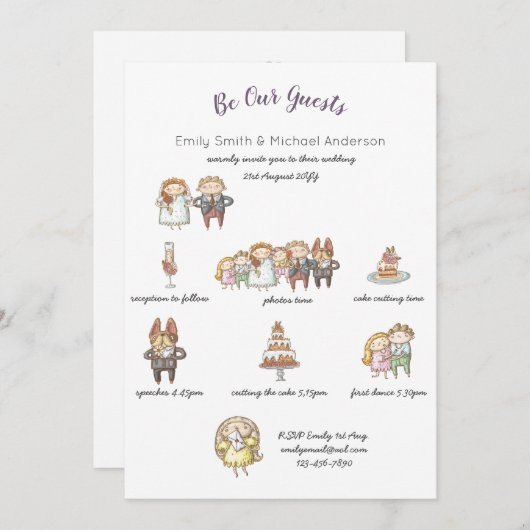 Whimsical Wedding Timeline Doodle Art Einladungen (Vorne/Hinten)