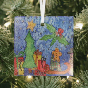 Whimsical Weihnachten Cheer Aquarellmalerei Ornament Aus Glas