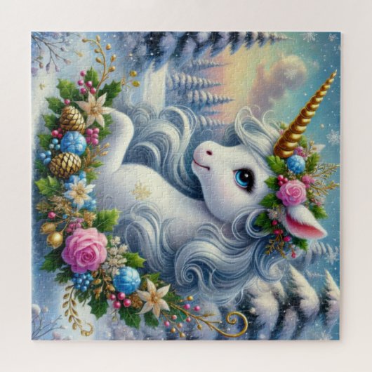 Whimsical Weihnachten Einhorn mit Kranz Puzzle (Horizontal)