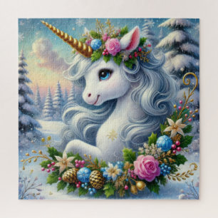 Whimsical Weihnachten Einhorn mit Kranz Puzzle
