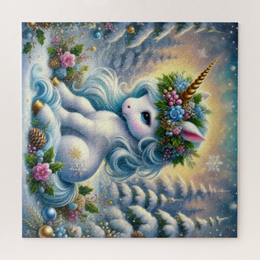 Whimsical Weihnachten kleine weiße Einhorn Puzzle (Horizontal)