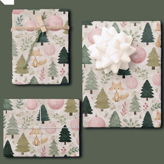 Whimsical Weihnachtsbaum mit Winterfuchs Pastell Geschenkpapier Set
