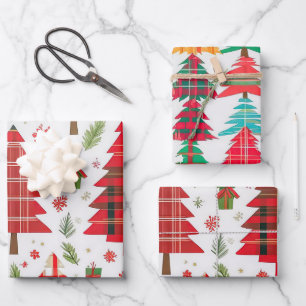 Whimsical Weihnachtsbaumen Kariertes Muster Geschenkpapier Set