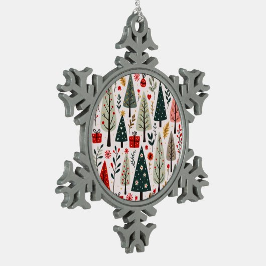 Whimsical Weihnachtsbaumwald Schneeflocken Zinn-Ornament (Links)
