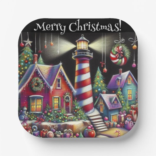 Whimsical WeihnachtsLeuchtturm Personalisiert Pappteller (Vorderseite)