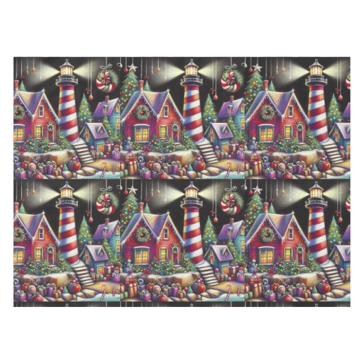 Whimsical WeihnachtsLeuchtturm Personalisiert Tischdecke (Vorderseite (Horizontal))