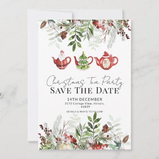 Whimsical Weihnachtstee Party Save the Date Einladung (Vorderseite)