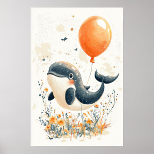 Whimsical Whale Illustration mit Orange Balloon A Poster