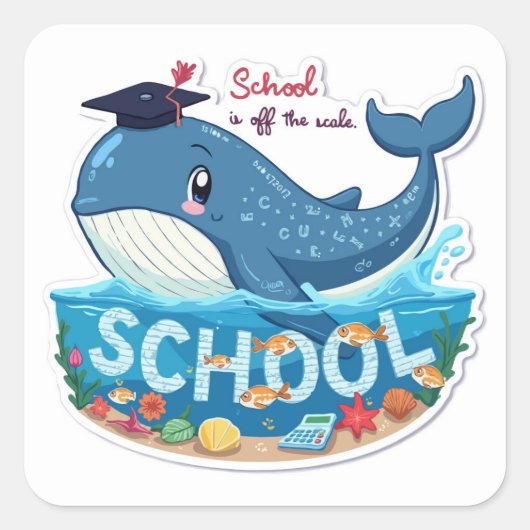 Whimsical Whale 'Off the Scale' School Spannung Quadratischer Aufkleber (Vorderseite)