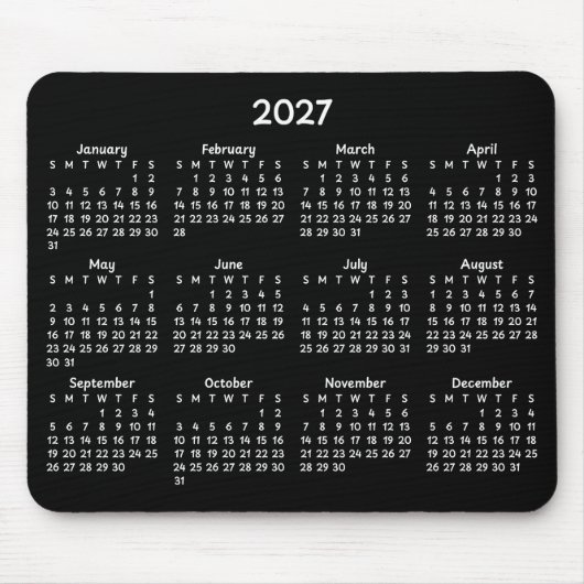 Whimsical White 2027 Kalender auf Schwarz Mousepad (Vorne)