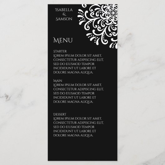 Whimsical White and Black Blüh Wedding Menu Menükarte (Vorderseite)