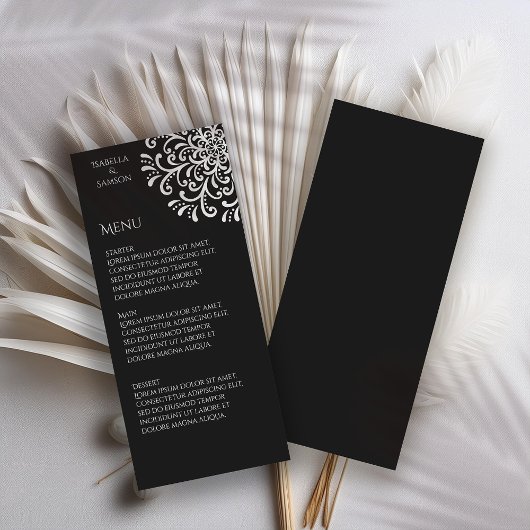 Whimsical White and Black Blüh Wedding Menu Menükarte