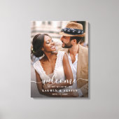 Whimsical White Calligrafy Foto Hochzeit Begrüßung Leinwanddruck (Vorderseite)
