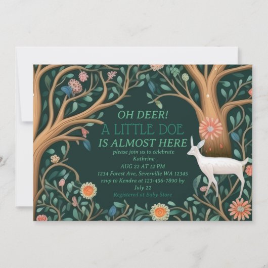 Whimsical White Deer Woodland Baby Dusche Einladung (Vorderseite)