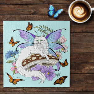 Whimsical White Feenkatze Blaue Pilz Fantasie Puzzle