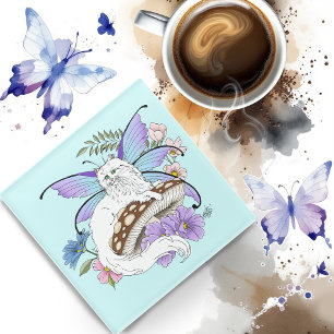 Whimsical White Feenkatze Blaue Pilz Fantasy Glasuntersetzer