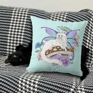 Whimsical White Feenkatze Blaue Pilz Fantasy Kissen