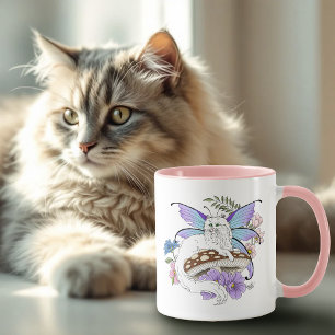 Whimsical White Feenkatze Blaue Pilz Fantasy Tasse