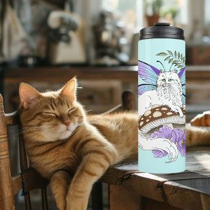 Whimsical White Feenkatze Blaue Pilz Fantasy Thermosbecher