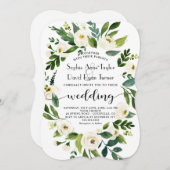 Whimsical White Floral Wreath Handwriting Wedding Einladung (Vorne/Hinten)