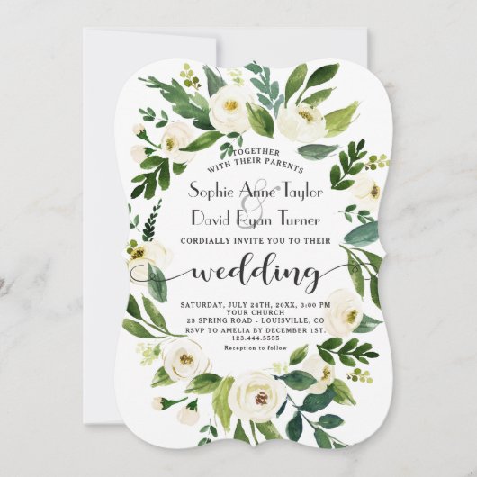 Whimsical White Floral Wreath Handwriting Wedding Einladung (Vorderseite)