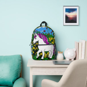 Whimsical White Lila Birthday Unicorn Bedruckter Rucksack