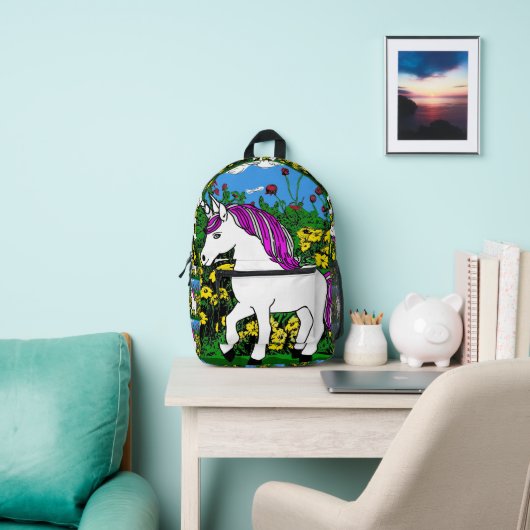 Whimsical White Lila Birthday Unicorn Bedruckter Rucksack (InSitu)
