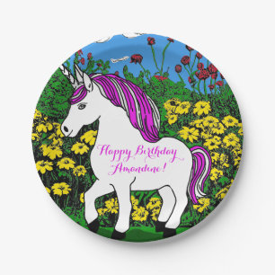 Whimsical White Lila Birthday Unicorn Pappteller