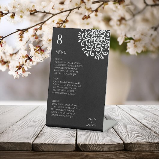 Whimsical White on Black Blüh Wedding Menu Sockelschild