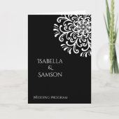 Whimsical White on Black Blüh Wedding Programm (Vorderseite)