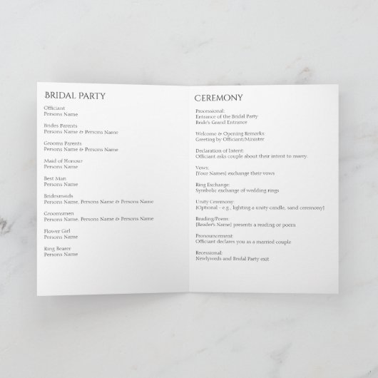 Whimsical White on Black Blüh Wedding Programm (Innenseite)