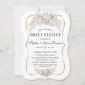 Whimsical White Pink Blume Gold Frame Sweet 16 Einladung (Vorderseite)