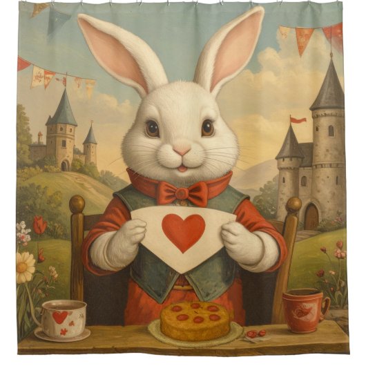 Whimsical White Rabbit Hearts Enchanted Wonderland Duschvorhang (Vorderseite)