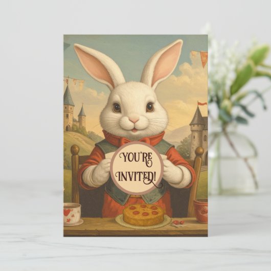 Whimsical White Rabbit Hearts Enchanted Wonderland Einladung (Stehend Vorderseite)